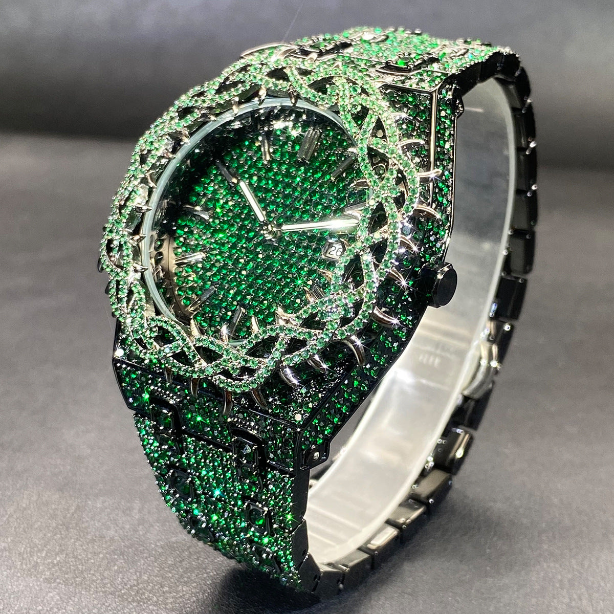 Mens Watch With Green Full-Covering Zircon Inlays