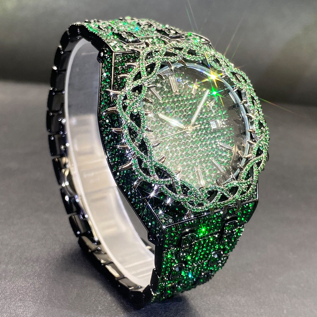 Mens Watch With Green Full-Covering Zircon Inlays
