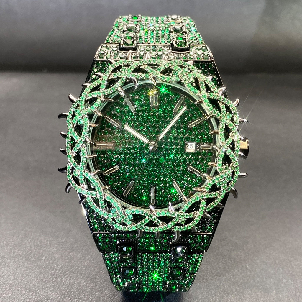 Mens Watch With Green Full-Covering Zircon Inlays