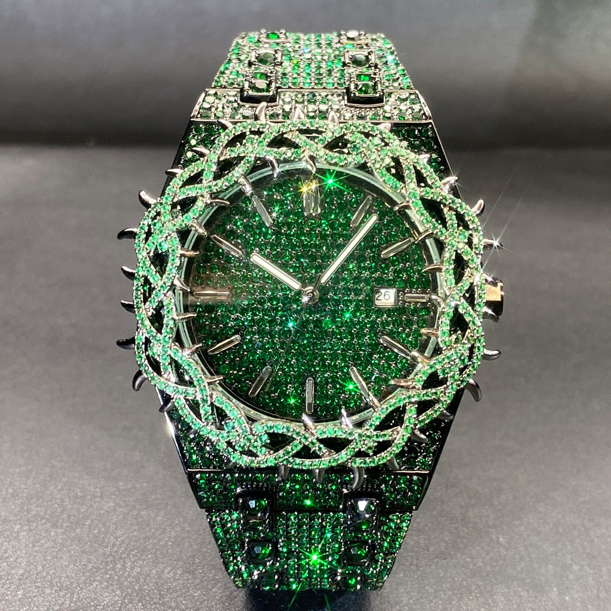 Mens Watch With Green Full-Covering Zircon Inlays